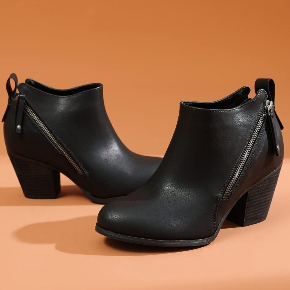 Women's Black Wide Width Ankle Mid Heel Side Zipper Booties.